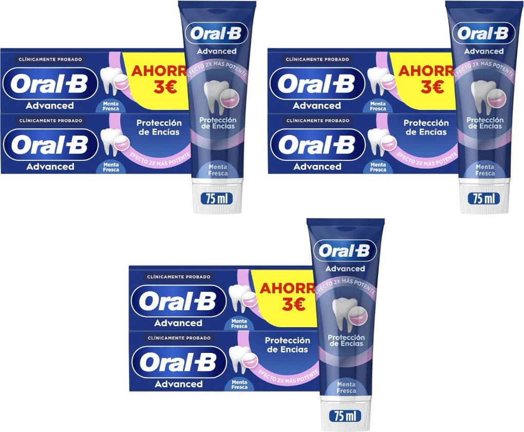 Oral-B Advanced Proteção de gengivas pasta de dentes com fluor, embalagem de 2 x 75 ml, dentífrico que protege contra a placa, cuidado com gengivas, sabor de menta fresca, 75 ml x 6