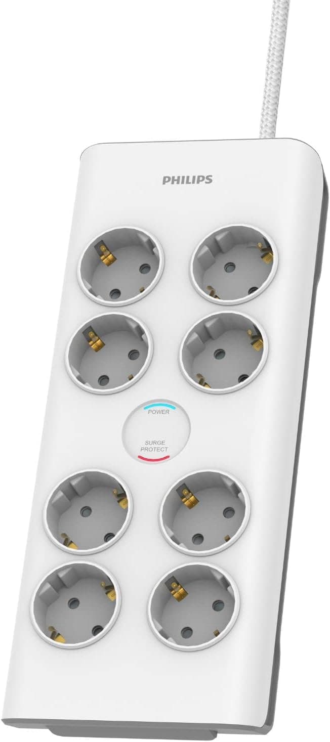 Philips SPN7080WA/10 Extensão de 8 tomadas Schuko, tomada múltipla, padrão extensor, proteção infantil contra picos de tensão, interruptor ligado/desligado, cabo de 2 metros - cor branca