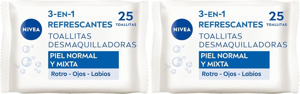 NIVEA Toalhetes desmaquilhantes refrescantes, 1 x 25 unidades, toalhitas desmaquilhantes para pele normal e mista, toalhitas húmidas para rosto, olhos, lábios e pescoço