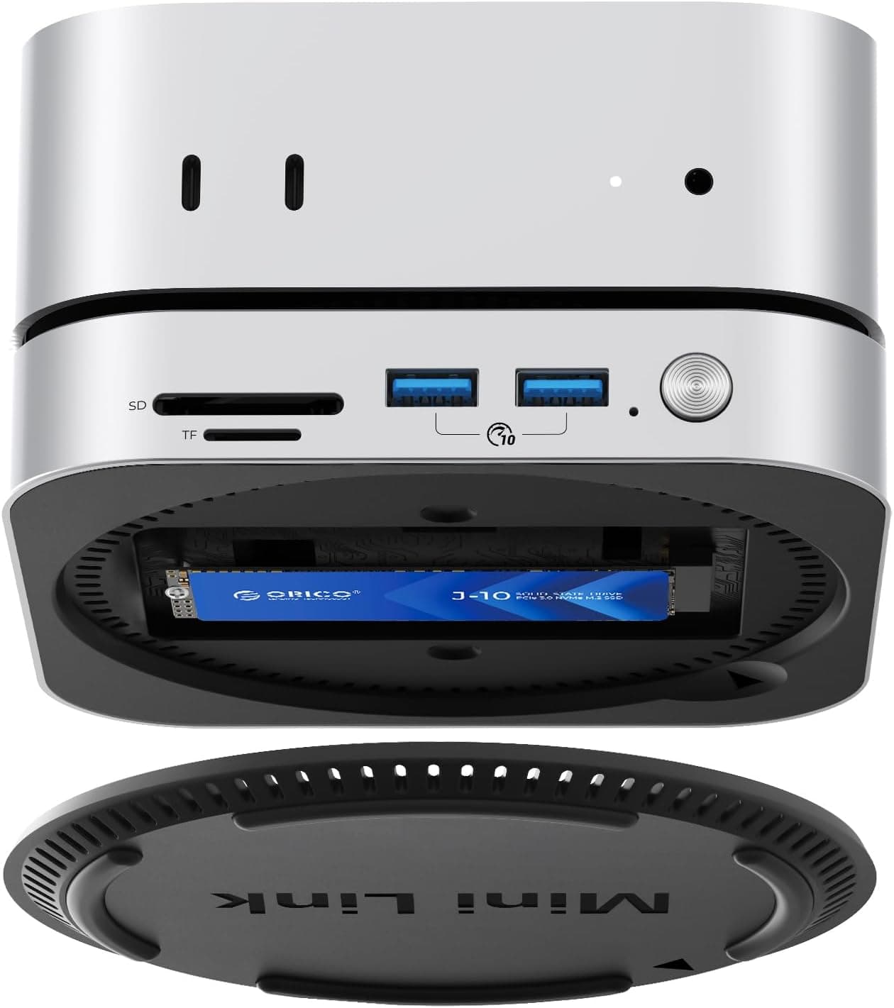 ORICO MiniLink Dock e suporte para Mac Mini M4, Hub USB C de alumínio com capa SSD para M.2 NVMe/SATA, 2 USB 3.2 10 Gbps, SD/TF 3.0, Dock prateado para Mac Mini M4 / M4 Pro - M49P