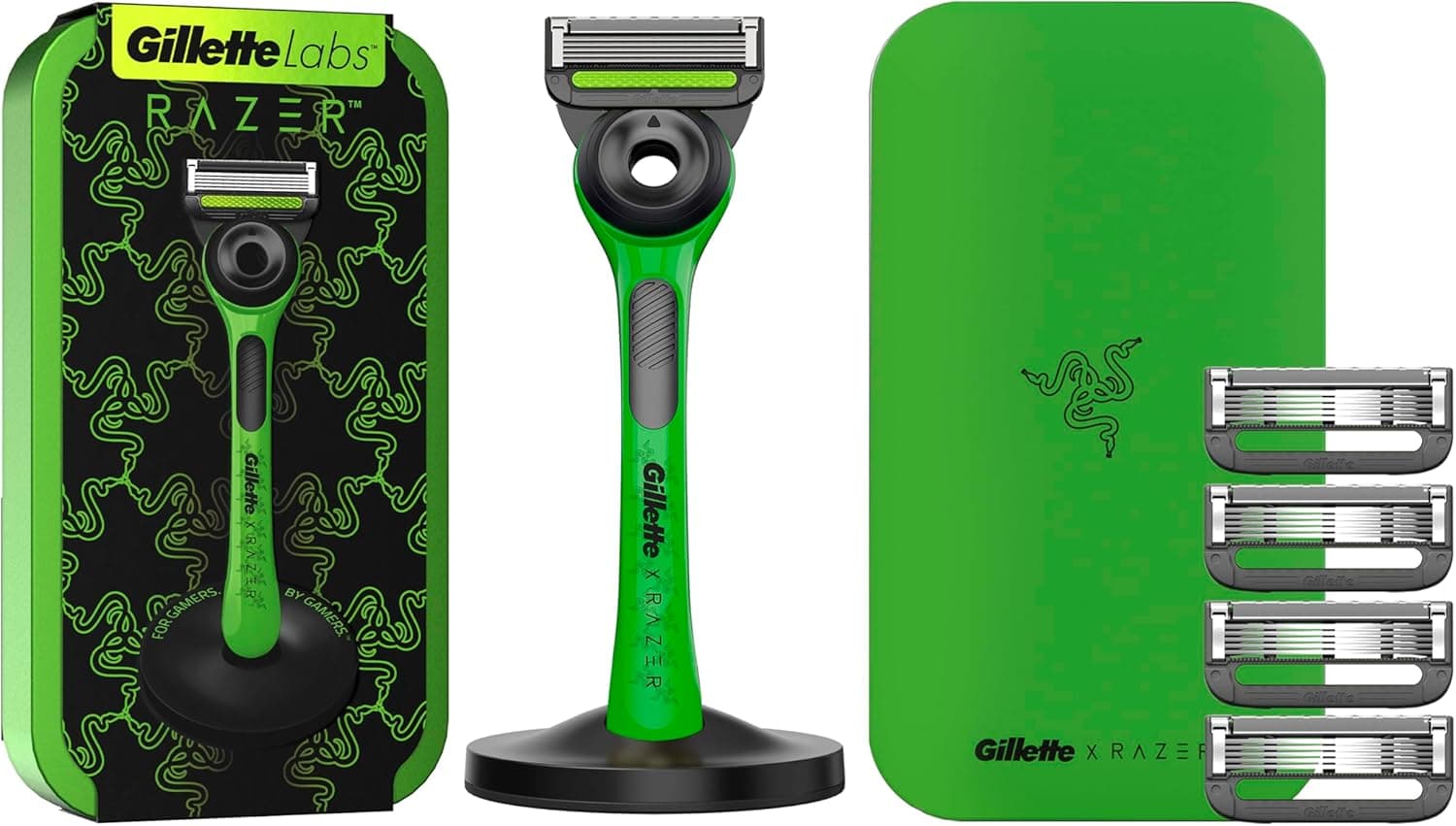 Gillette Labs Edição limitada Razer, máquina de barbear com barra de esfoliação, 5 lâminas de barbear de substituição base magnética e estojo de viagem Razer