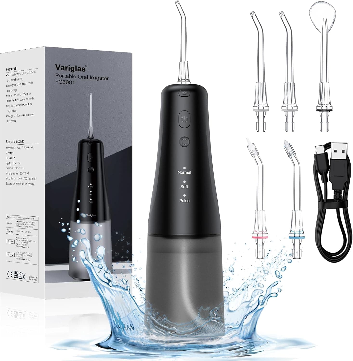Irrigador oral, irrigador dentário profissional 5 boquilhas 3 modos, 300 ml USB-C IPX7 impermeável irrigador dental portátil, irrigador bucal portátil, irrigadores dentários para casa e viagens