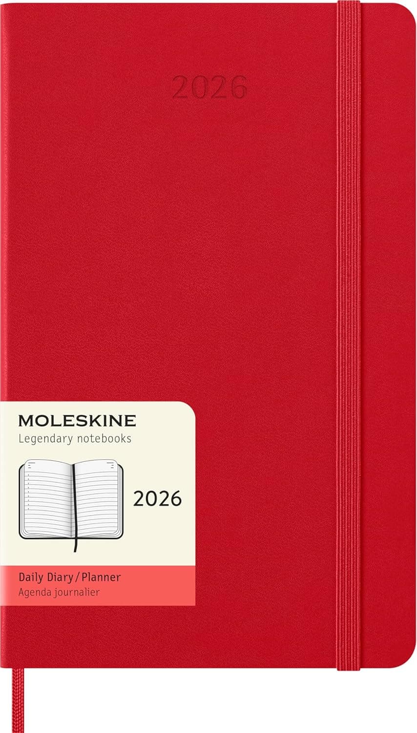 Moleskine Large | Agenda diária 2026 capa dura com fecho elástico 13x21 cm vermelho