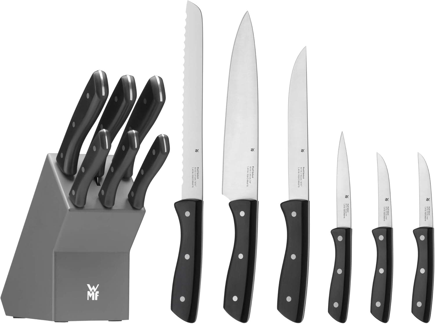 WMF Profi Select Conjunto de 7 peças, 6 facas com suporte de madeira lacado em cor cinza, lâmina de aço temperado com fio de longa duração