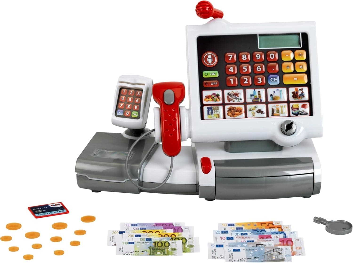 Theo Klein 9356 Caixa registadora de brinquedo, com teclado de lâmina, função de calculadora, terminal de pagamento com scanner, medidas 31 cm x 15,5 cm x 23 cm, brinquedo para crianças a partir de 3 anos