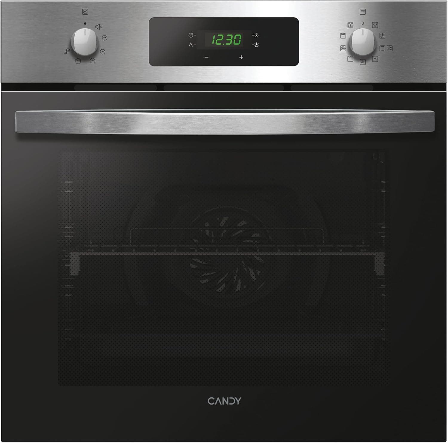 Candy Idea FIDC X676, Forno multifunção pirolítico, 65 L, 1 bandeja e 1 grelha, ventilador radial, aquálise, convecção ventilador, 9 funções, ecrã tátil, porta de 3 cristais, Inox e preto 