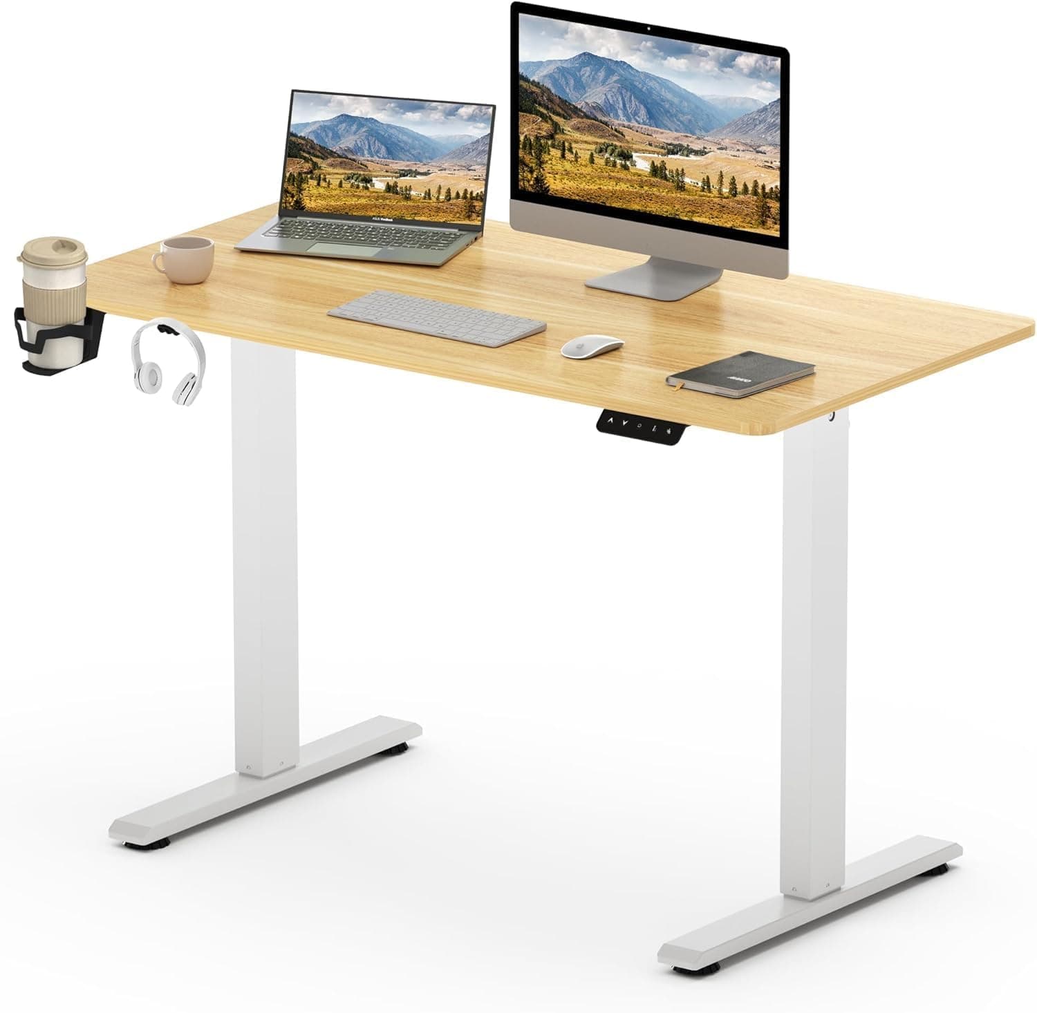 SANODESK Mesa elétrica elevável 110 x 60 cm com placa inteira (com gancho / porta-garrafas), Standing Desk, mesa ajustável em altura com painel, função de memória, para trabalho / casa (ácer)