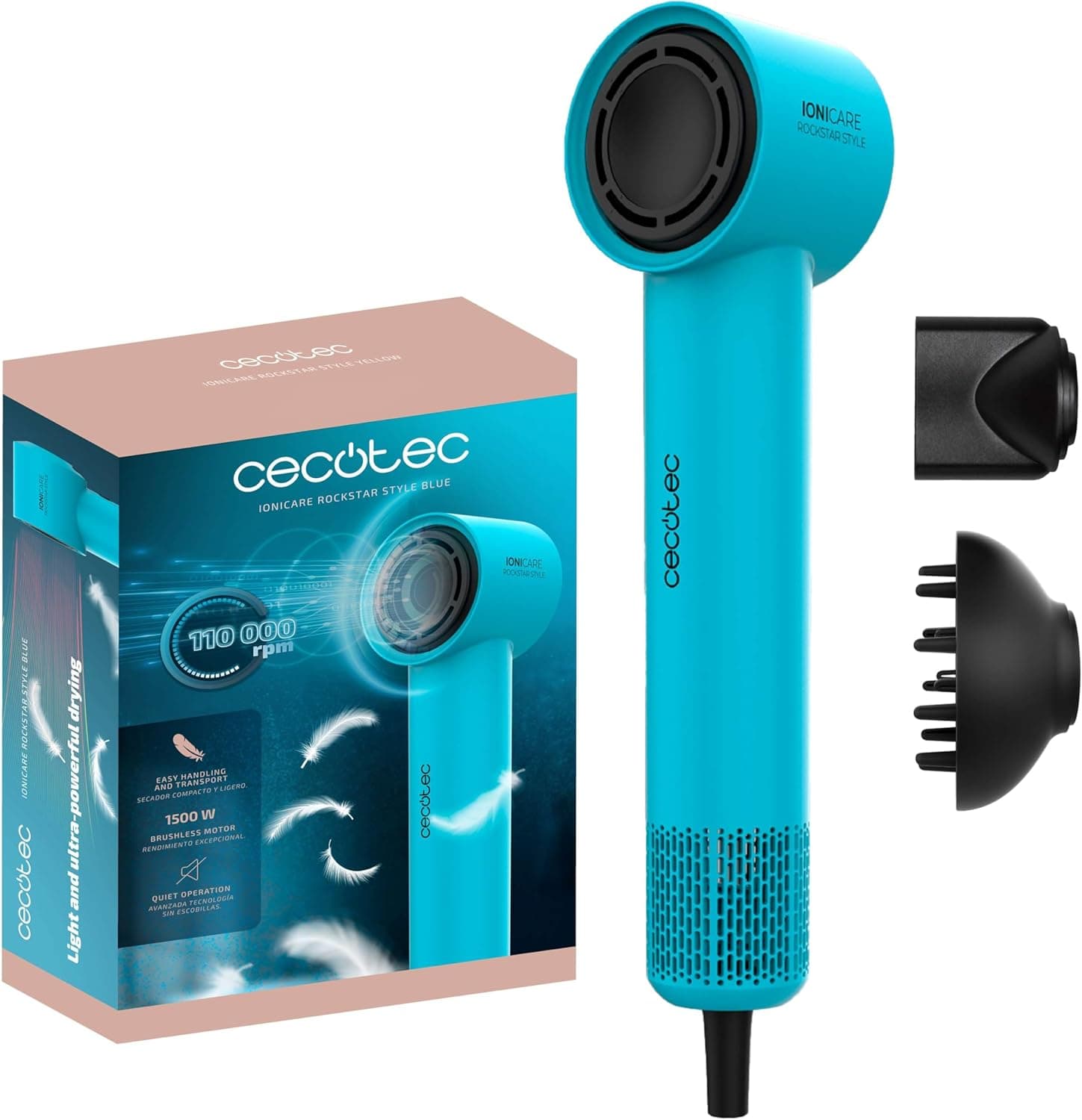 Cecotec Secador de cabelo Ionicare Rockstar Style Blue, secador muito compacto e leve, motor 1500 W 11000 rpm, gerador de íões, 4 temperaturas, 3 velocidades, silencioso: Tecnologia Brushless