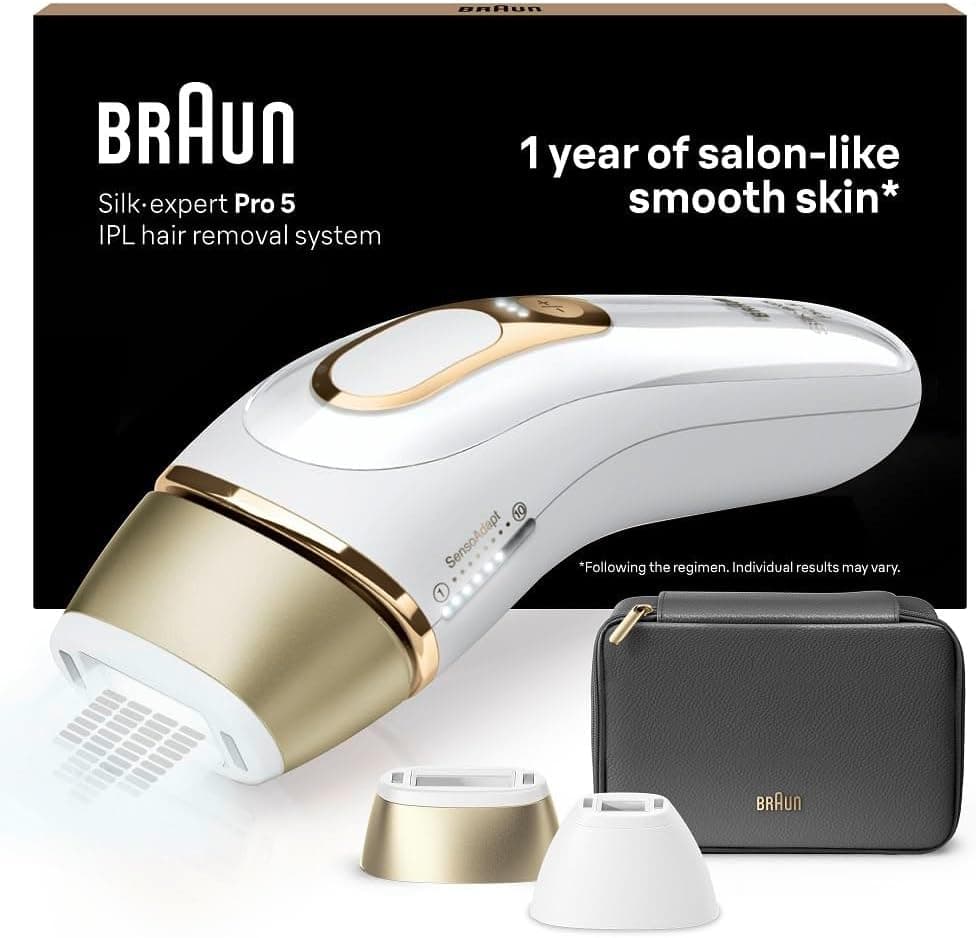 Braun Luz de pulso Silk-expert Pro 5 PL5140 IPL, remoção de pêlos em casa, alternativa para remoção a laser, com capa, 2 cabeças, presente para mulher, branco / dourado