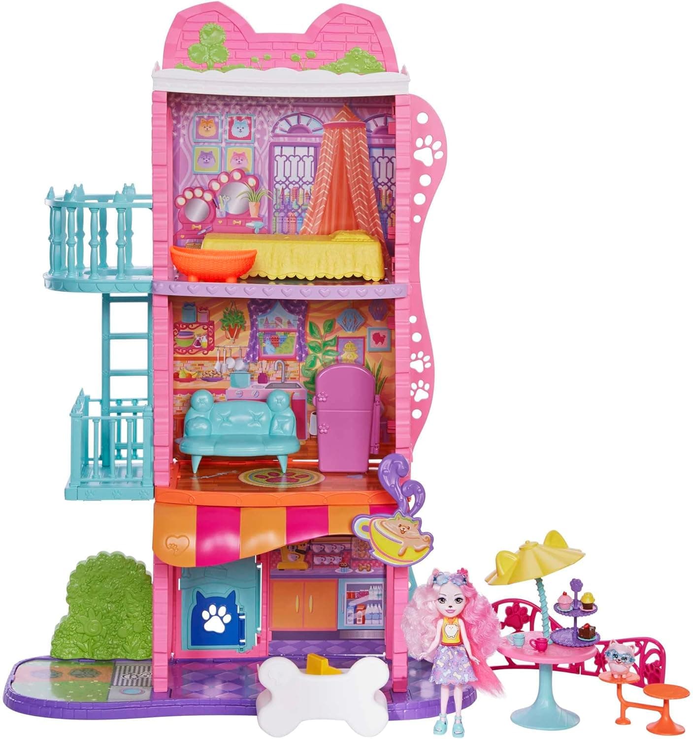 Enchantimals City Tails Apartamento de Palmer Pomeranian e Pommy SIOC casa de bonecas 3 andares com figura, cão de estimação, móveis e acessórios, brinquedo de presente + 4 anos (Mattel HHC18)