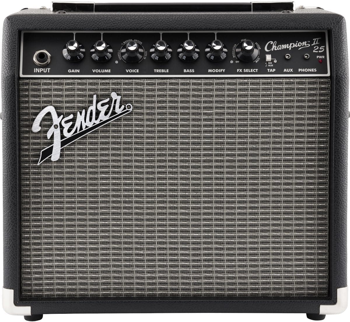 Fender Champion II 25, amplificador combinado para guitarra, 25 W, adequado para guitarra elétrica, mais potência, efeitos e modelos de amplificador melhorados, preto/prateado