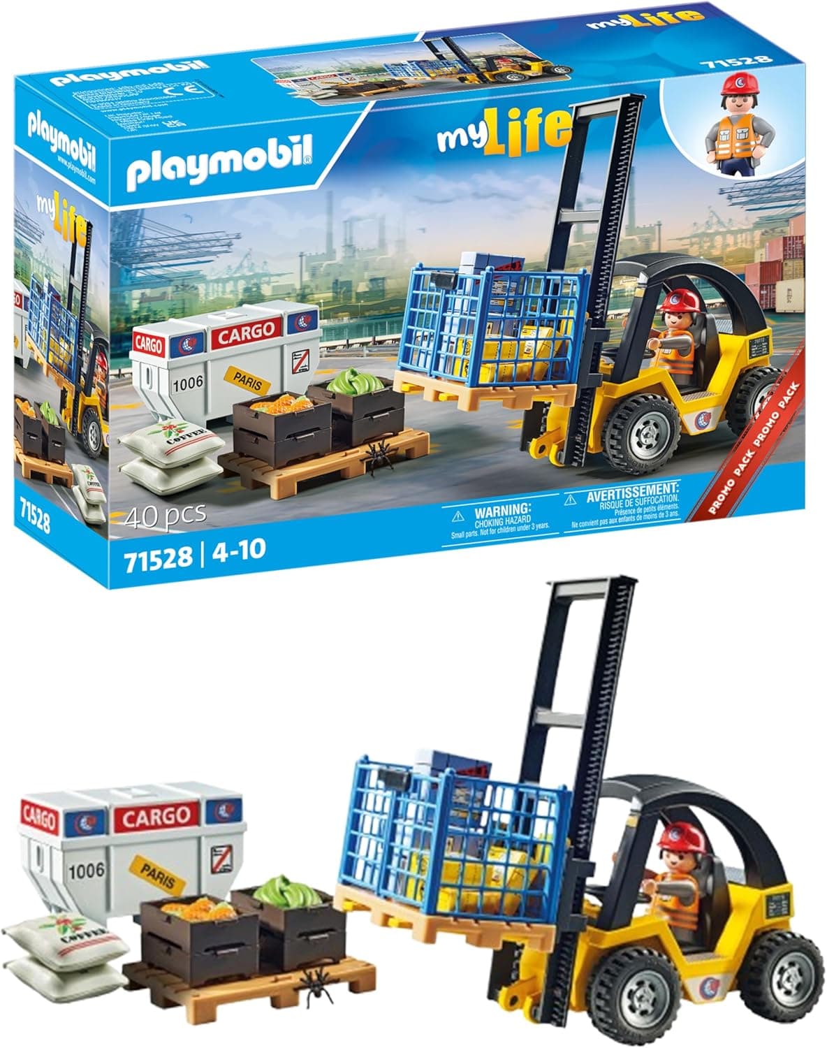 PLAYMOBIL myLife Promo Pack 71528 empilhadeira, emocionantes trabalhos de logística na porta, incluindo palhetas e vários artigos de stock, brinquedos para crianças a partir de 4 anos