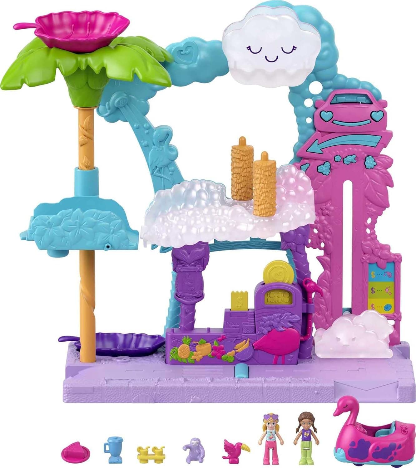 Polly Pocket Pollyville Flamingo Fun Car Wash | Conjunto de lavagem de carros para bonecas com acessórios
