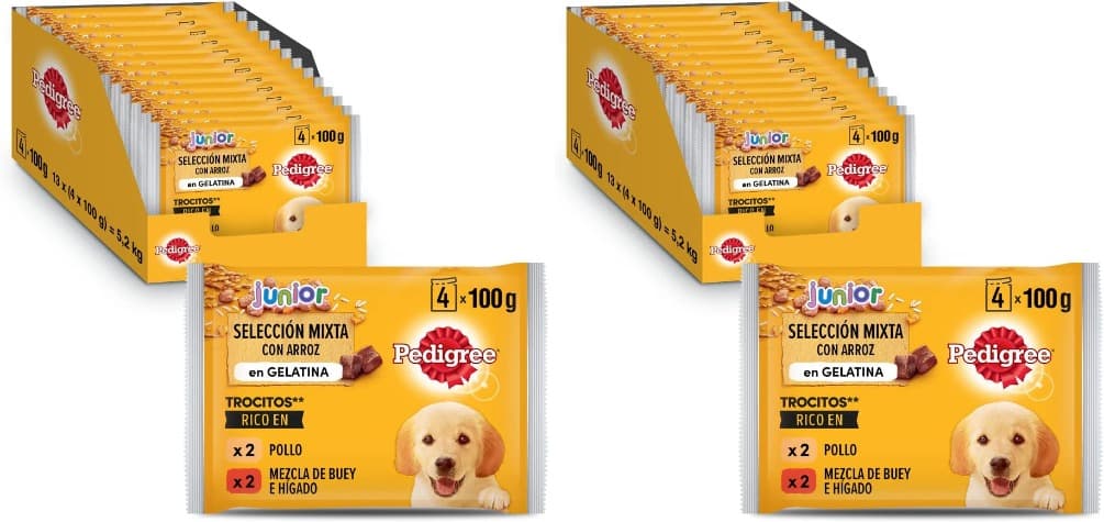Pedigree Comida húmida para cães júnior, sabor frango e boi com arroz em gelatina, 100g x 104