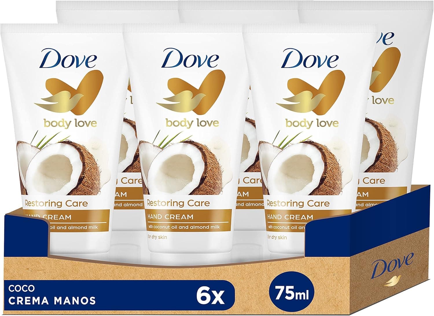 Dove Creme hidratante de mãos com óleo de coco 100% natural e leite de amêndoas para pele normal a seco, embalagem de 6 x 75 ml
