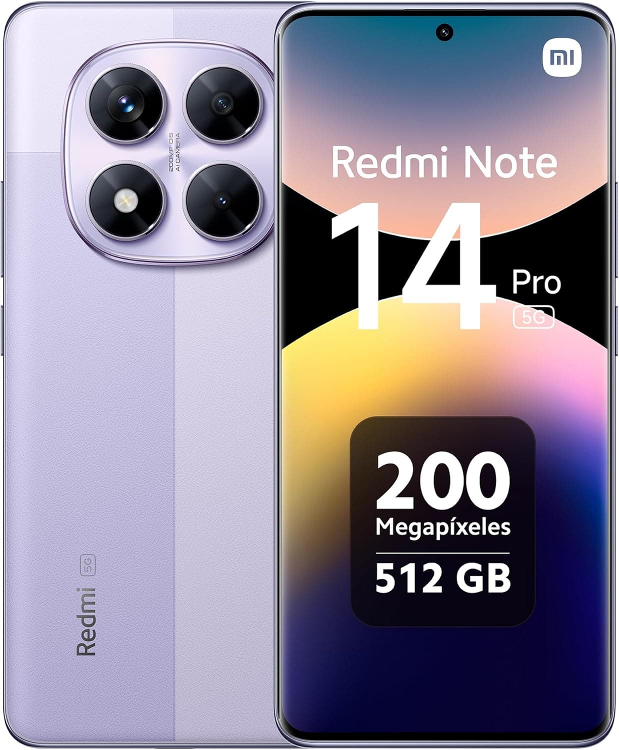Xiaomi Redmi Note 14 Pro 5G, Smartphone de 12+512 GB, ecrã de 6,67" AMOLED FHD+ 120Hz, MediaTek Dimensity 7300-Ultra, câmara de 200 MP, TurboCharge 45 W, carregador não incluído, roxo