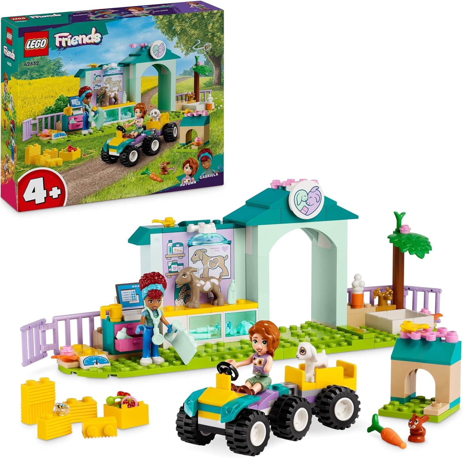 LEGO Friends Clínica veterinária de animais de quinta brinquedo de construção, jogo de RPG de veterinários, presente para meninas e meninos de 4 anos ou mais, com 2 mini bonecas 