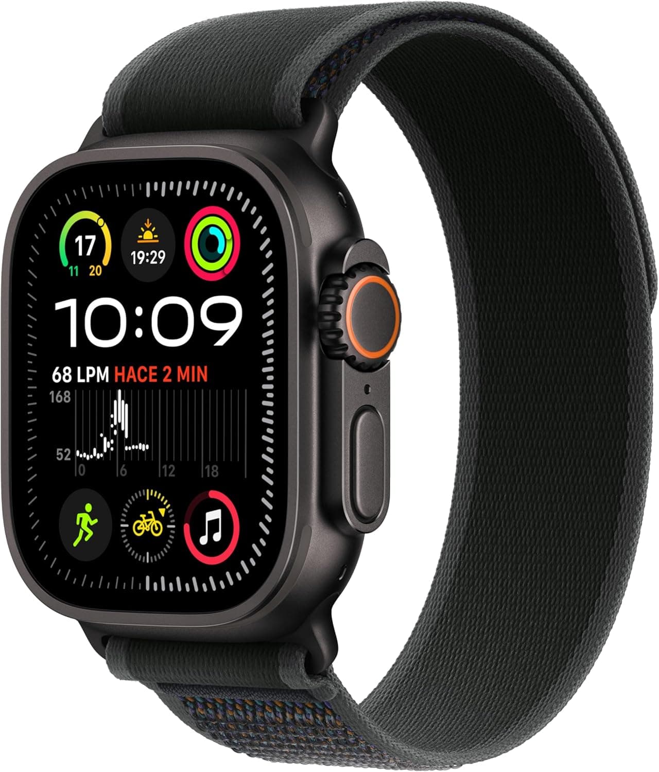 Apple Watch Ultra 2 GPS Cellular Smartwatch, relógio desportivo com caixa de titânio preto resistente de 49 mm e correia Loop Trail preta - tamanho M/L. Monitor de treino e neutro em carbono