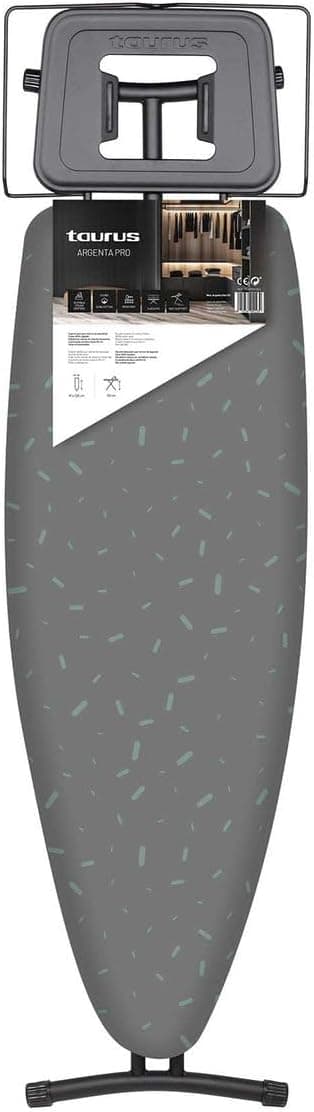 Taurus Argenta Pro - tábua de passar com 3 posições de altura ajustáveis até 93 cm. Suporte adequado para centros de engomar. Capa 100% algodão. Superfície de passar a ferro 40 x 124 cm. Cinzento.
