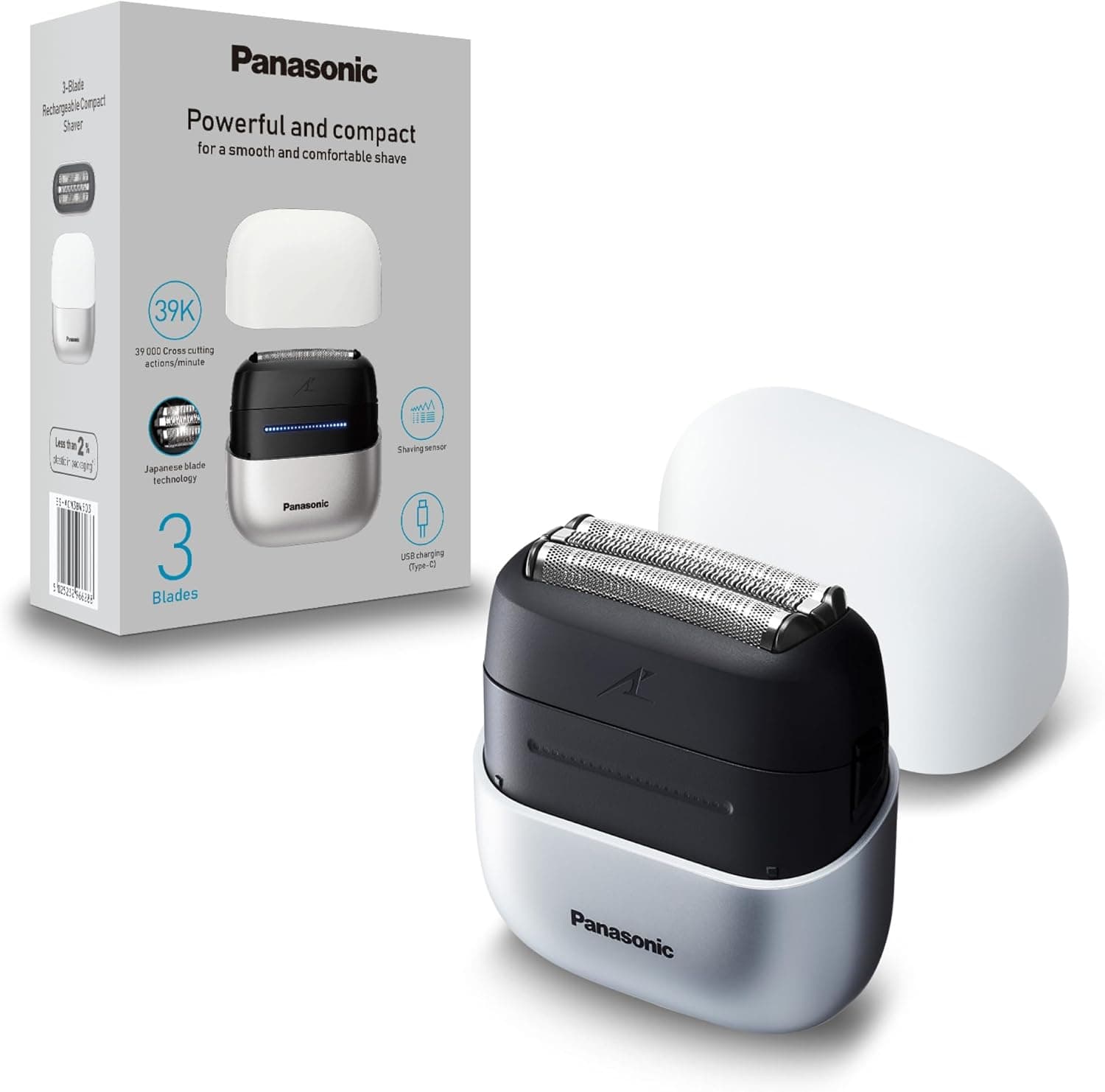 Panasonic ES-ACM3BW503 Série 700 máquina de barbear compacta de 3 lâminas, máquina de barbear elétrica húmida e seca para homens, sensor de barba, resistente à água IPX7, carregamento USB-C