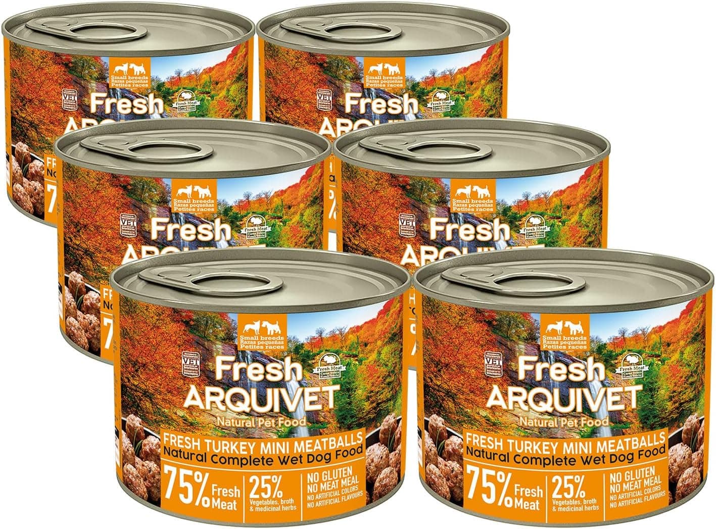 Comia para Cão Arquivet - Almôndegas MINI sabor peru, abóbora e brócolis. Pacote de 6 latas de 200 g cada.