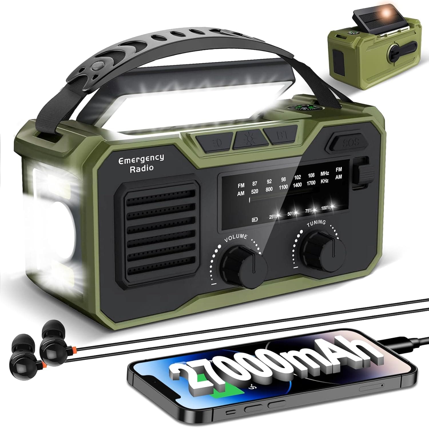 Rádio solar de emergência 27000 Mah, rádio emergência FM/Am, rádio manivela solar com alarme SOS e lâmpada, raios e pilhas pode carregar um telemóvel e reproduzir por Bluetooth