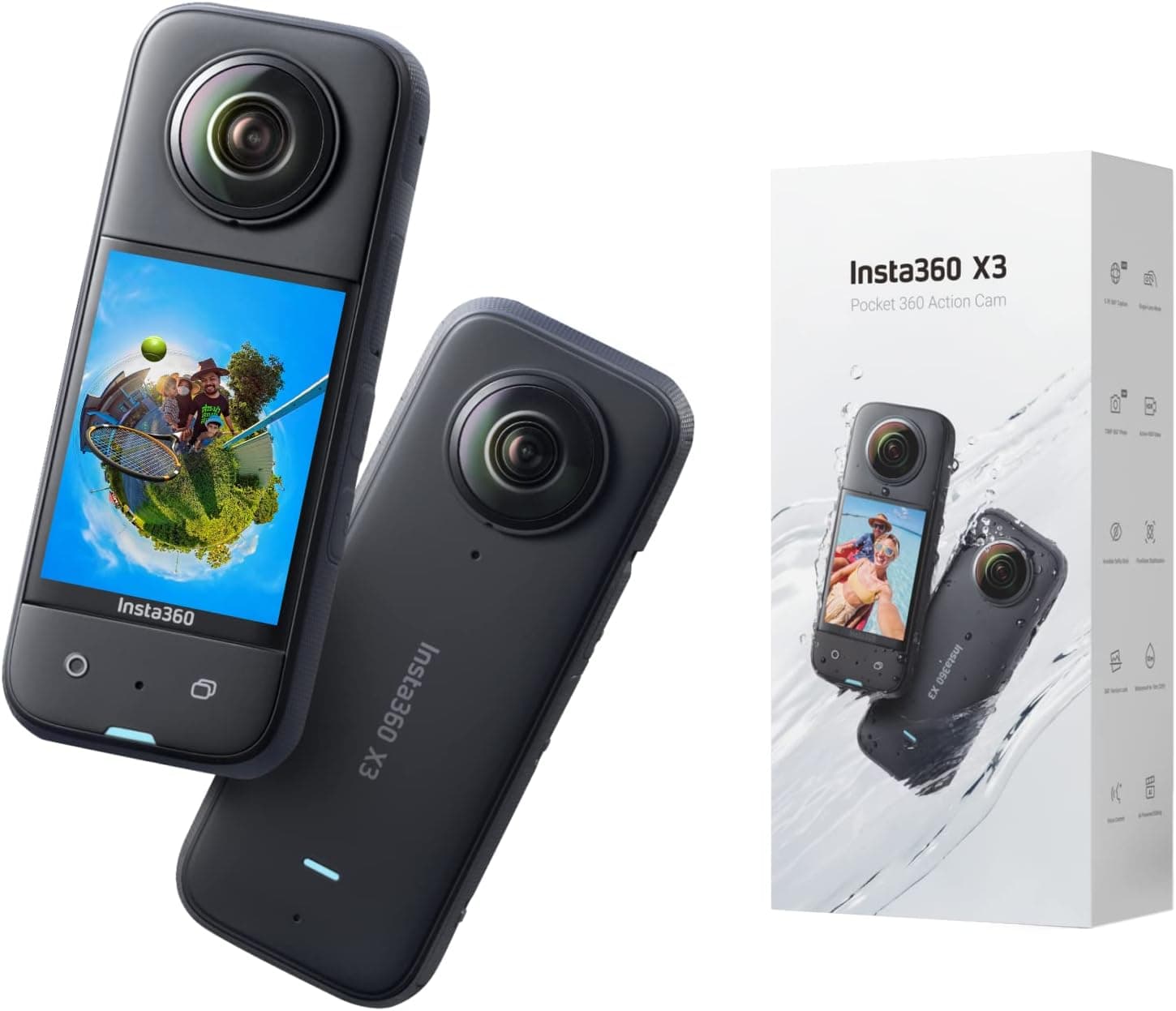 Insta360 X3 - Câmara de ação 360 resistente à água, sensor de 1/2", 5,7 K 360, fotos 72 MP, estabilização, ecrã táctil de 2,29 ", edição por IA, Live Streaming, webcam, controlo por voz