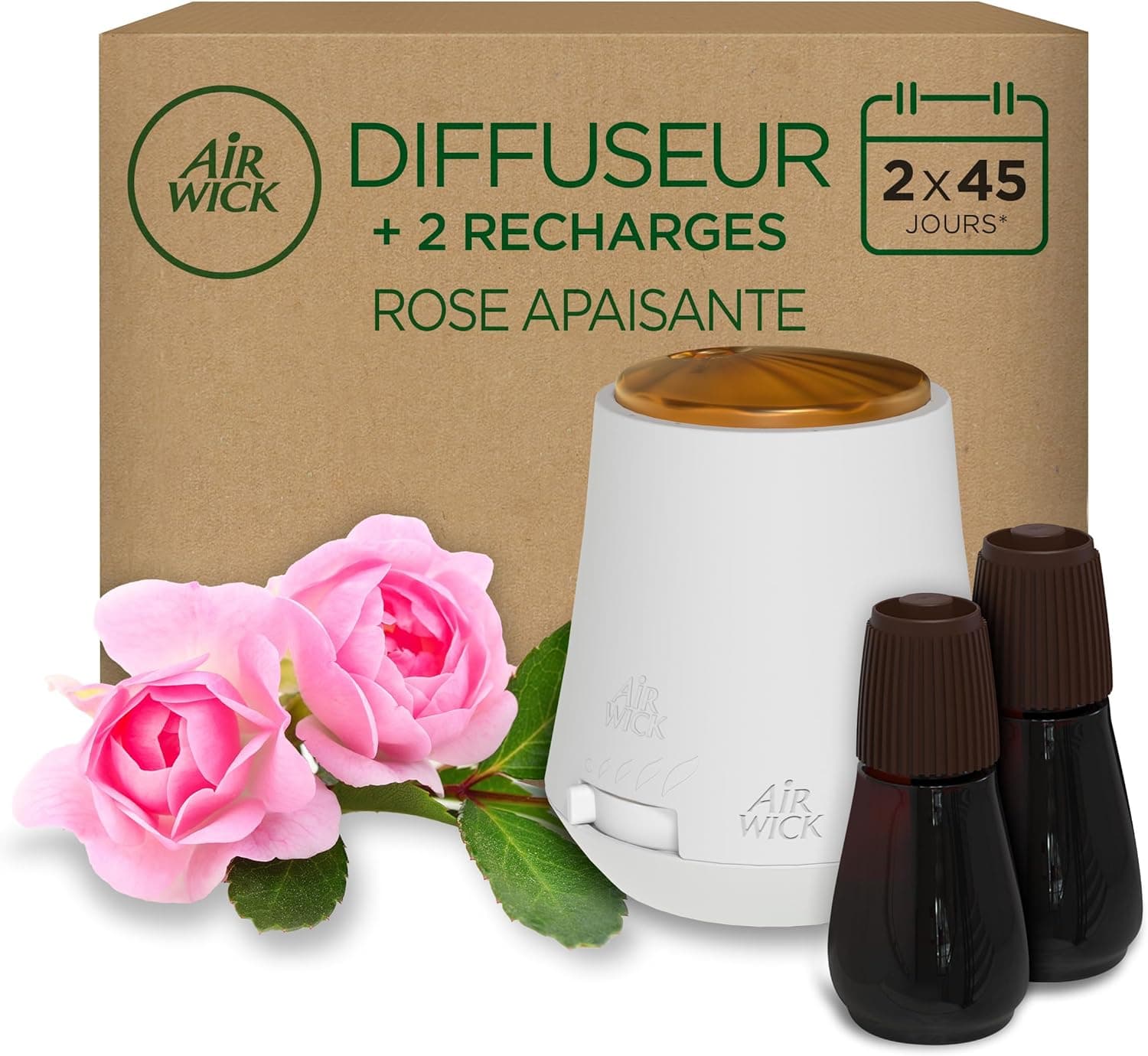 Air Wick Essential Mist Aparelho e recargas de ambientador difusor de óleos essenciais para casa com aroma de rosa, conjunto de 1 aparelho e 2 peças sobresselentes