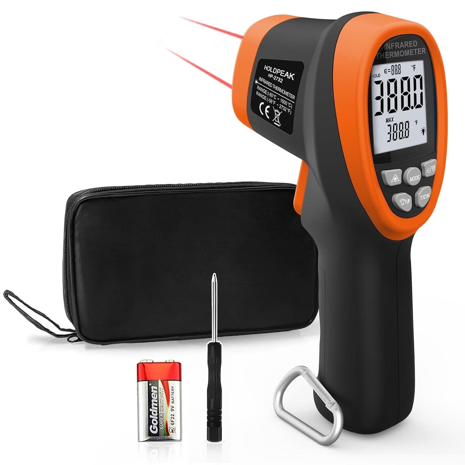 HoldPeak Termómetro infravermelho HP-2732 pistola temperatura laser digital dupla - 58 moulinex ~2732 fagor (-50 °C ~ 1500 °C), D: S = 30:1, retroiluminação, missividade ajustável para forja fundição