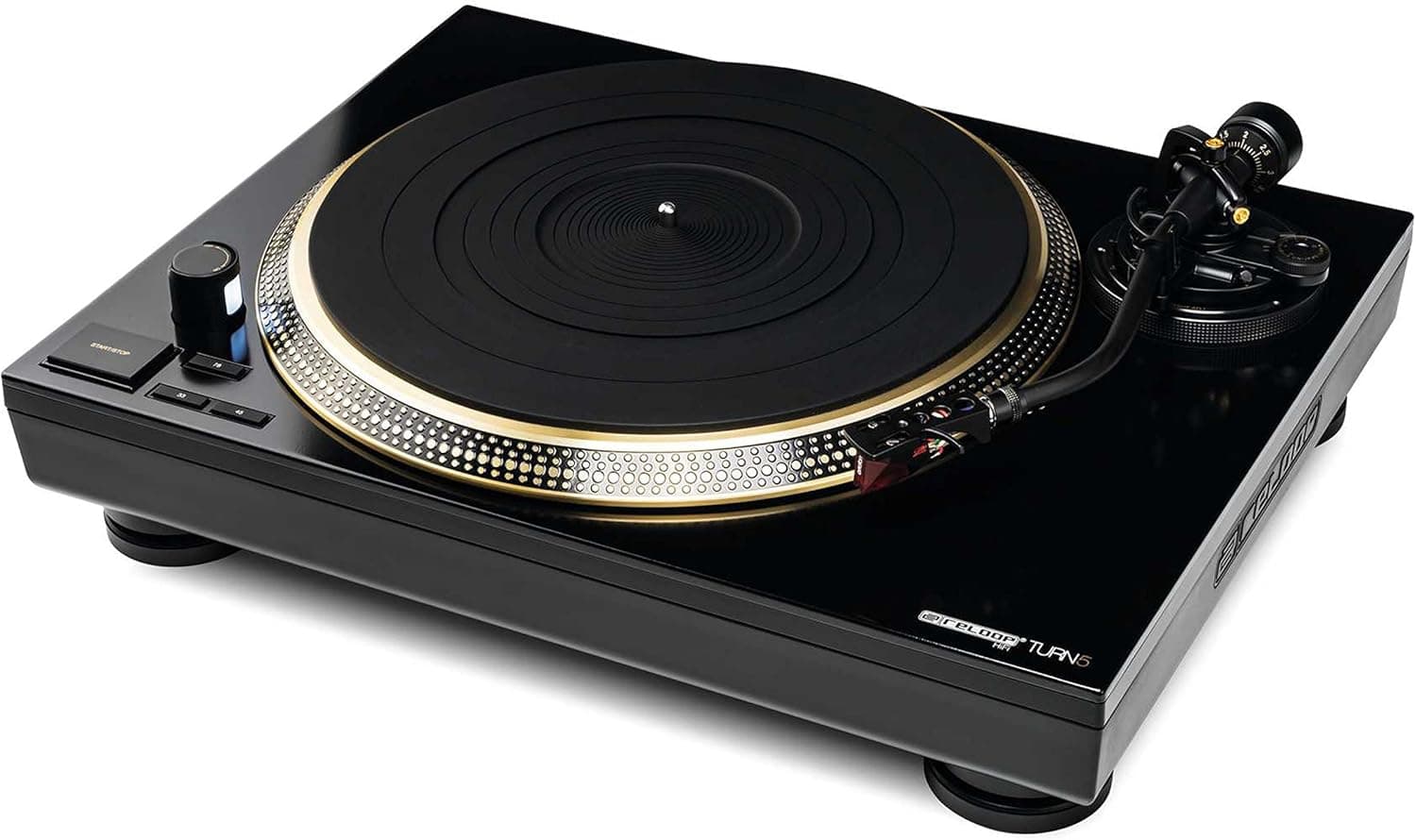 Reloop Turn 5 - Plataforma giratória HiFi controlada por quartzo com um potente acionamento, Hi-Tech Ortofon 2M Red, preto-ouro