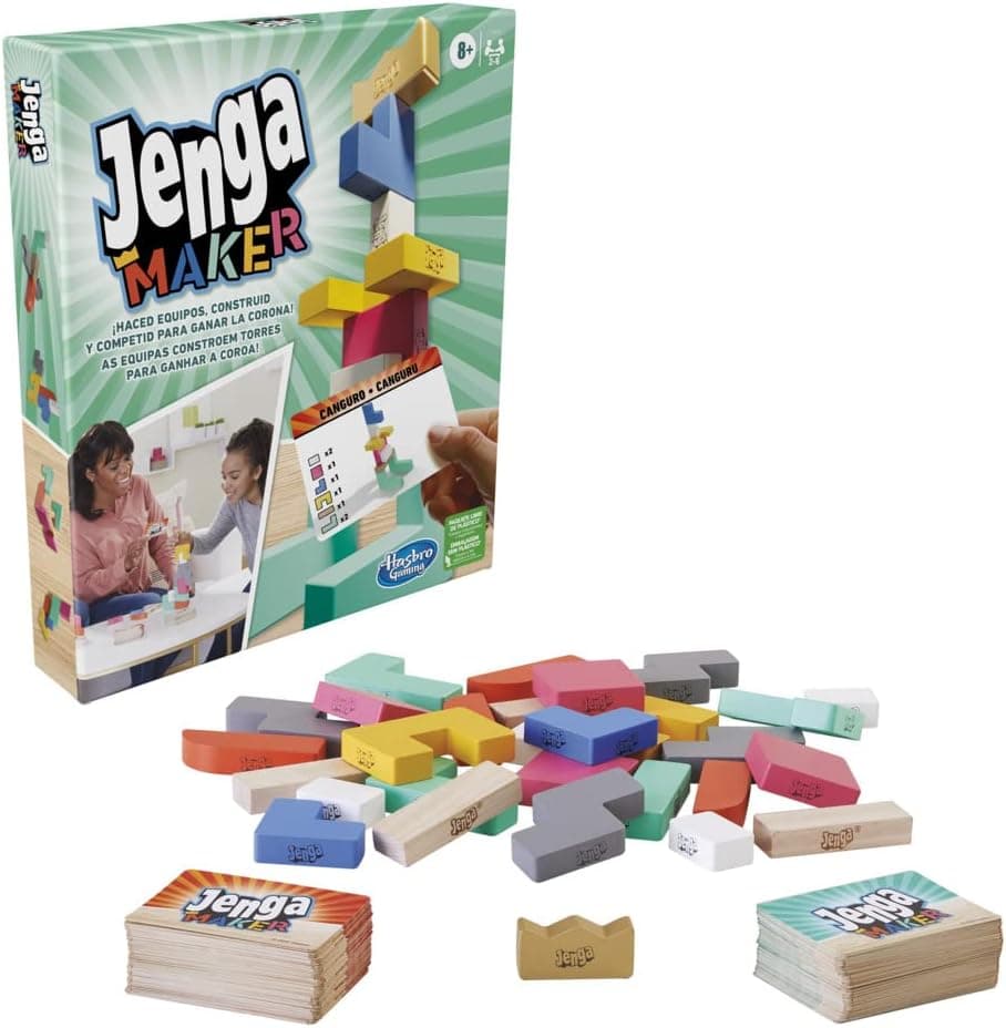 Hasbro Gaming Jenga Maker, conjunto de empilhar blocos de madeira para 2 a 6 jogadores, jogo em equipas, idade a partir de 8 anos, multicolorido