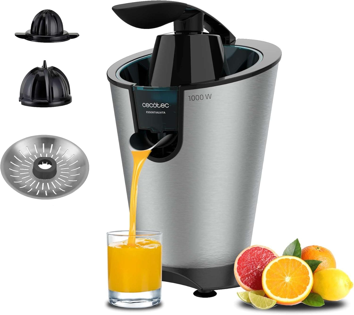 Cecotec Espremedor elétrico de braço para laranjas EssentialVita PowerFresh 1000 Inox. 1000 W, filtro inoxidável, cones desmontáveis, alavanca de pressão, sistema anti-gotejamento, lavagem fácil,