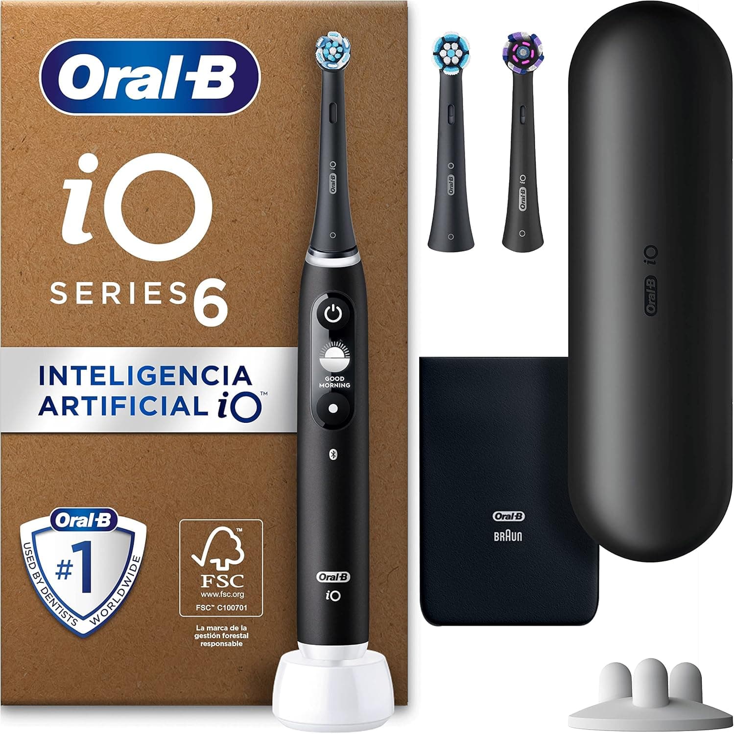 Oral-B iO 6 Escova de dentes elétrica preta com cabo recarregável, 3 cabeças, 1 estojo de viagem, 5 modos de escovar até branqueamento dental, sensor de pressão, desenhado por Braun