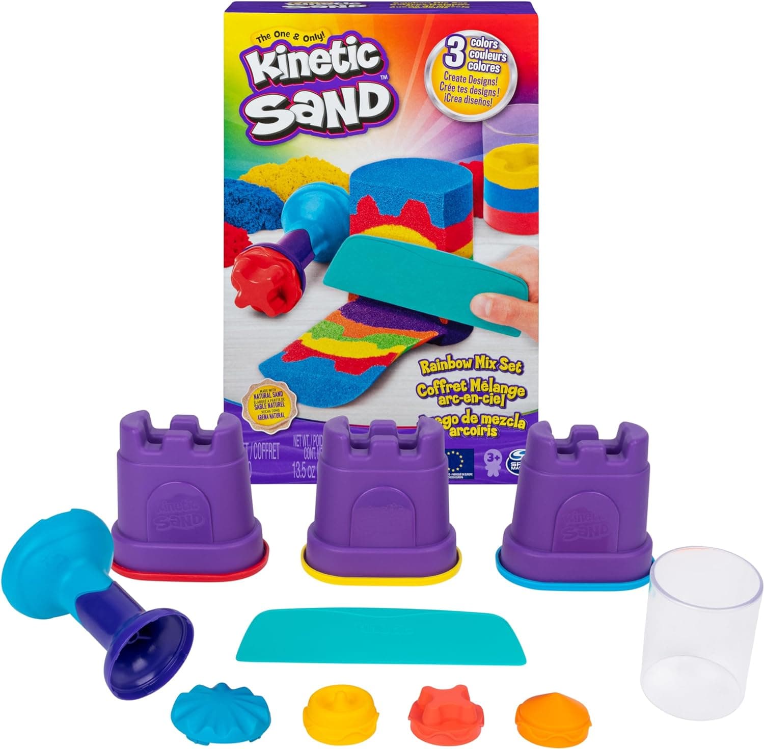KINETIC SAND - Areia mágica - Conjunto de mistura arco-íris - 382 g de areia de 3 cores e ferramentas - kit artesanato crianças - 6053691 - brinquedos crianças 3 anos +