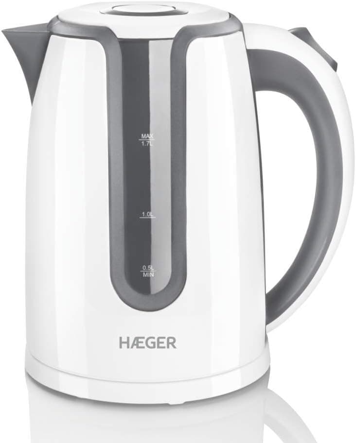 HAEGER HOT GREY Chaleira elétrica com potência de 2200 W, capacidade de 1,7 l - base giratória de 360º, resistência oculta em INOX, proteção contra ebulição a seco, desligamento automático