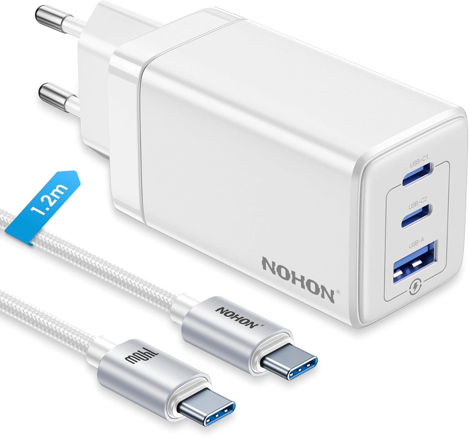 NOHON Carregador USB-C Fast Charger: 65 W GAN 3 portas carregador rápido PD3.0 com 140 W tipo C 1,2 M cabo de carregamento | PPS compatível com iPad Pro Air Galaxy S23 | para iPhone 15 14 13 12