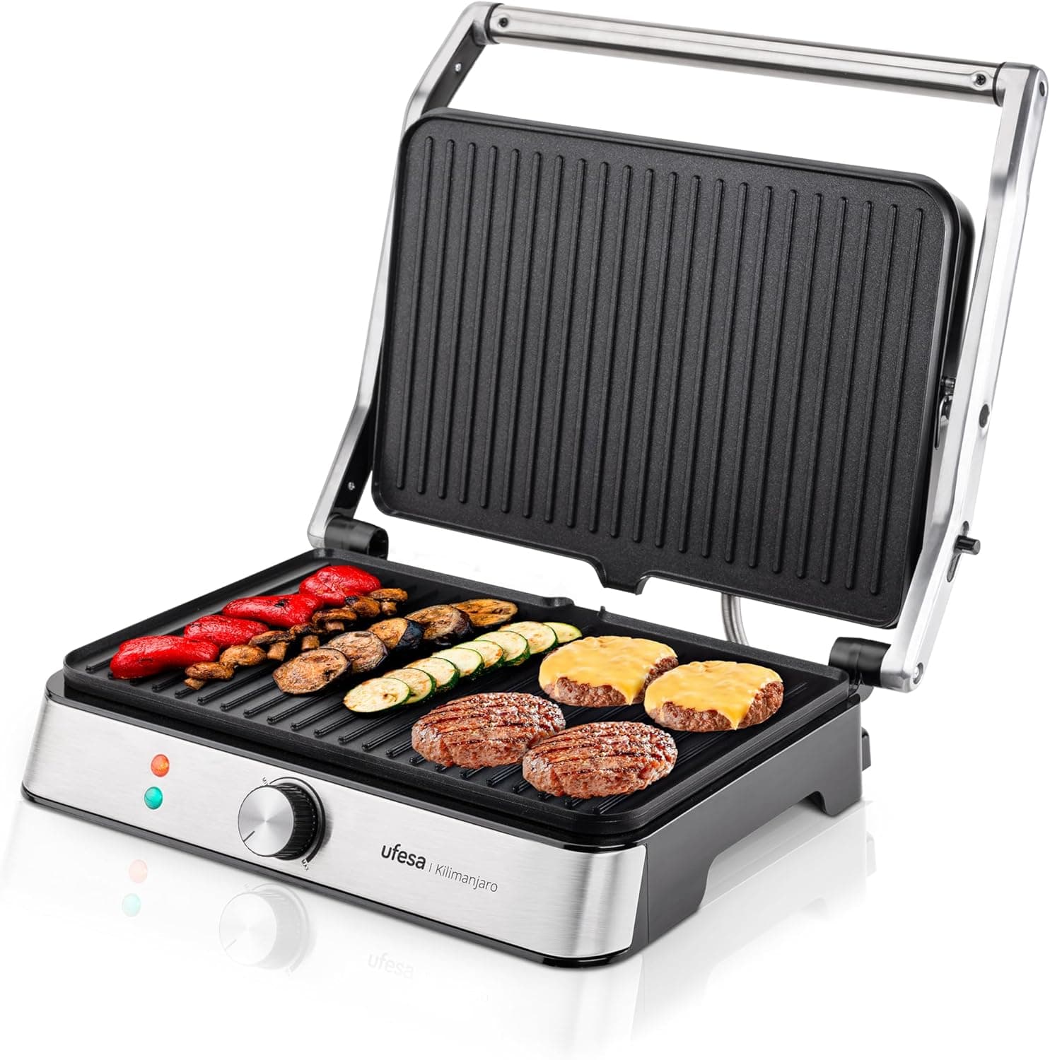 Ufesa Kilimanjaro | Grelhador elétrico 2200 W com placas antiaderentes, abertura ampla e regulador de temperatura