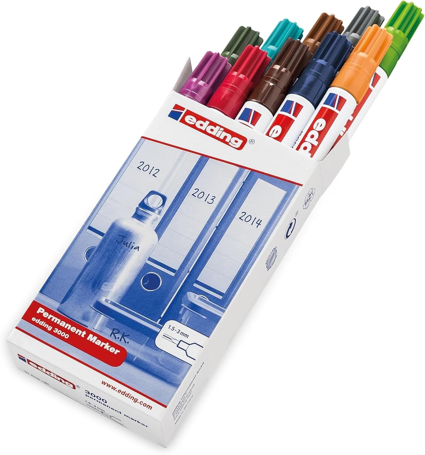 edding 3000 marcador permanente - multicolor - 10 cores - ponta redonda 1,5-3 mm - secagem rápida indelével - resistente à água e aos borrões - cartão plástico madeira metal tecido - universal