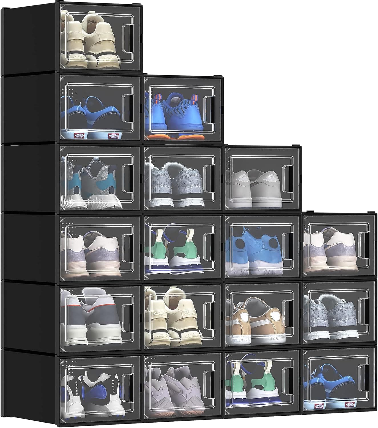 YITAHOME Caixas de sapatos 18 Set, organizador de sapatos de plástico com porta transparente, dobráveis e empilháveis, 35 x 24,8 x 18,5 cm, preta caixa de armazenamento de sapatos