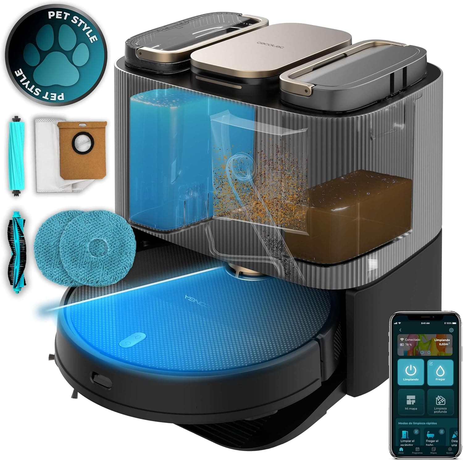 Cecotec Robot aspirador base auto-esvaziada Conga 13090 Spin Revolution Home and Wash. Tecnologia a laser, 7000 Pa, escova de silicone, moscas giratórias, escova lateral, aplicativo, Bluetooth e WiFi