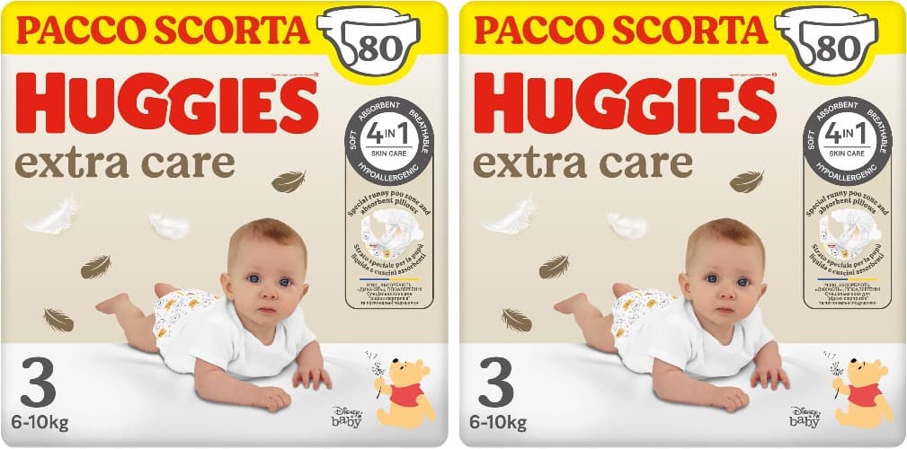 Huggies Extra Care Disney | Fraldas ultra absorventes tamanho 3 para bebés 6 a 10 kg, pack de 80 unidades x 2