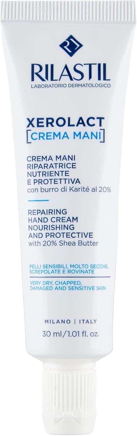 Rilastil Xerolact Creme de mãos, hidratante e reparador, de ótima absorção, para mãos muito secas, rachadas e danificadas, para pele sensível, com manteiga de carité, hipoalergénica, 30 ml