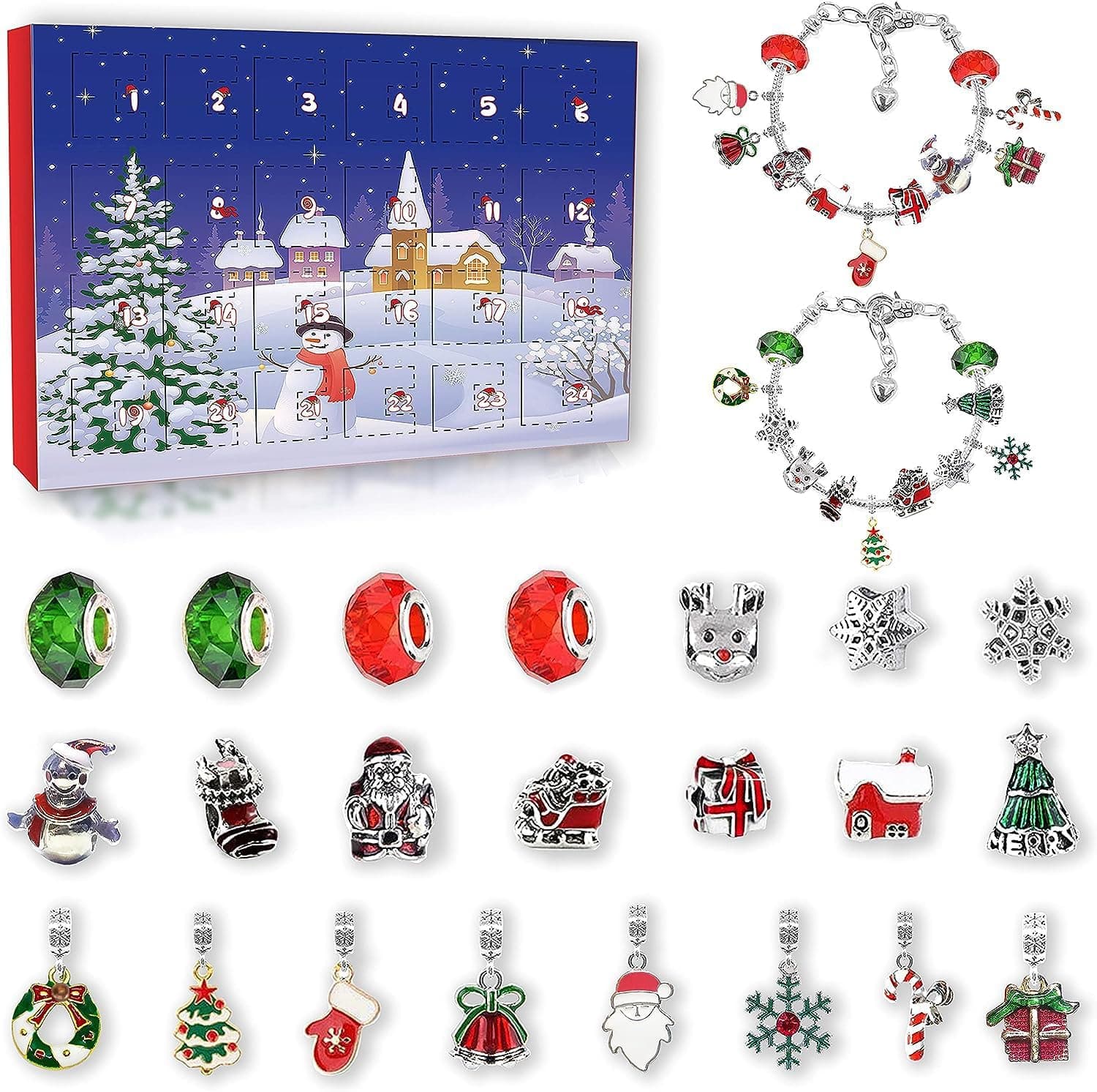 Calendário do advento 2024, inclui 2 pulseiras, 18 encantos de Natal e 4 contas 