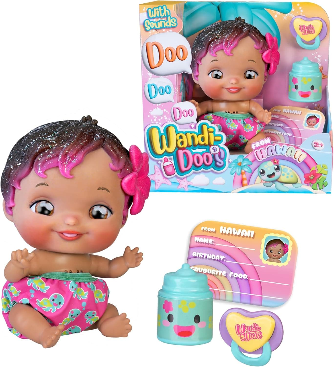 Wandi Doo's WAD01000 | Boneca bebé havaiana com fralda de tartarugas, biberão e chupeta para crianças