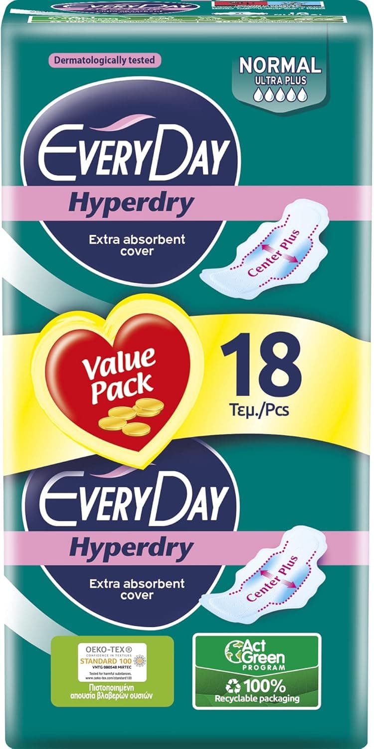 EveryDay Hyperdry - Absorventes ultra com asas, filtro Hiper seco e ultra absorvente, 18 unidades