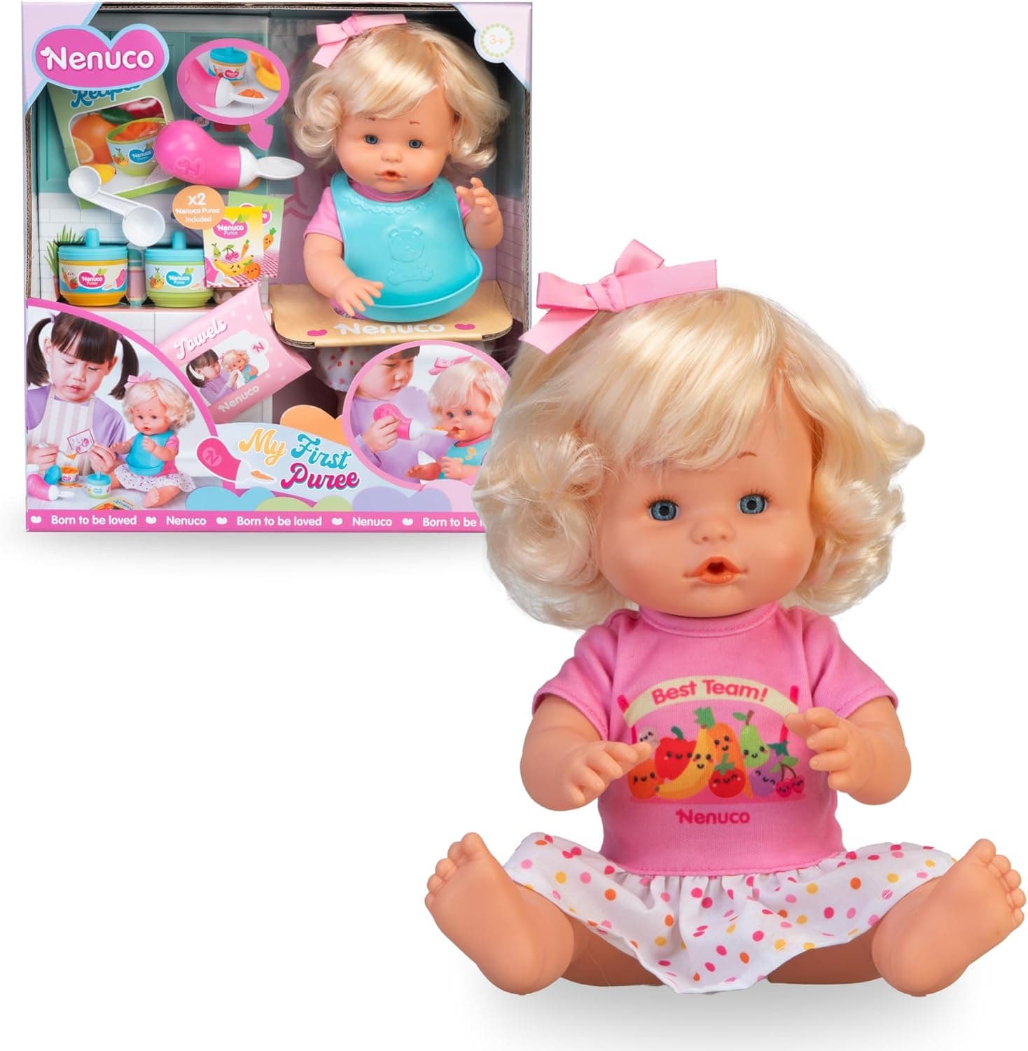 NENUCO - Meu primeiro bolo, boneca bebé de 35 cm e corpo duro com cabelo loiro e acessórios, prepare a refeição e dê-lhe o seu primeiro papa com a sua colher de beberão, crianças +3 anos, famosa