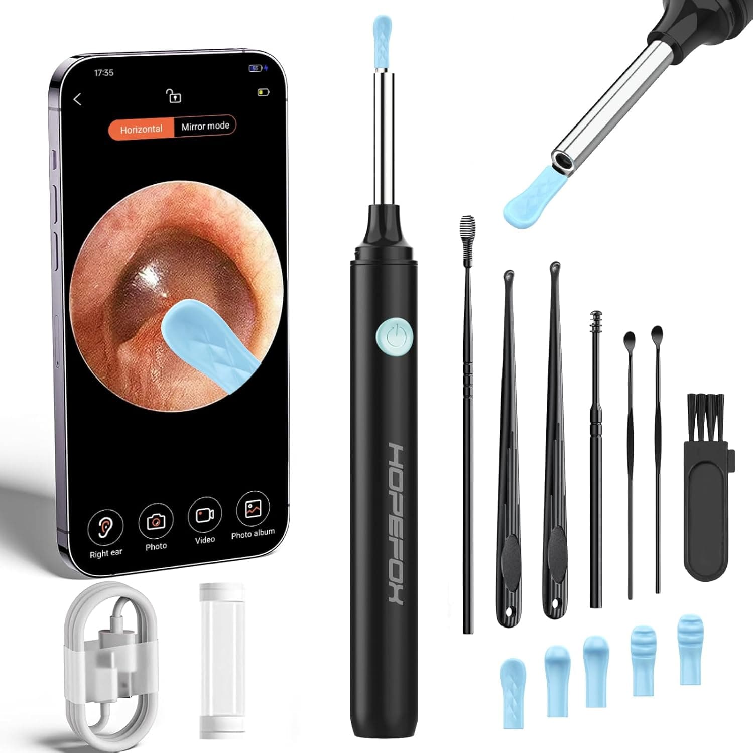 Hopefox Otoscope 3.5mm | Otoscópio WiFi com câmara 1080P e 6 LEDs para limpeza de ouvidos, inclui 6 ponteiras de silicone e kit de 7 peças, compatível com iOS e Android
