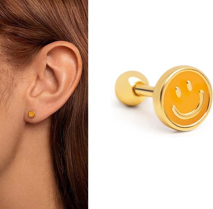 SINGULARU - Brincos soltos Smiley Enamel - brinco solto em prata de lei 925 com acabamento em casa de banho de ouro 18 Kt ou ródio e motivo sorriso - brinco com esmalte - jóias para mulher