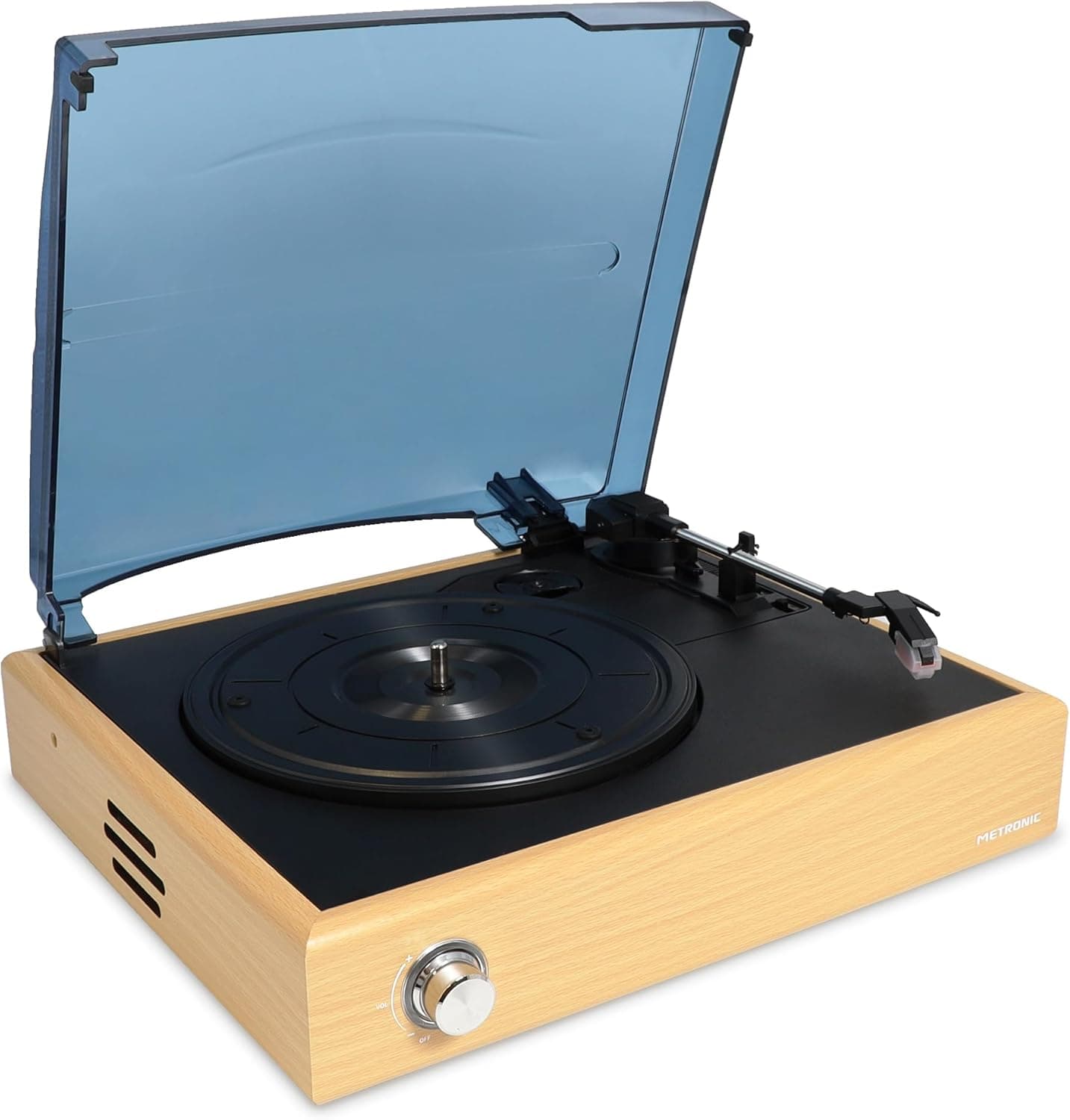 Metronic 477360 - Gira-discos de vinil bluetooth, acabamento em madeira, reprodutor de vinil e reprodutor de música, 2 altifalantes incorporados, som estéreo 2 x 3 W, braço manual, função auto-stop
