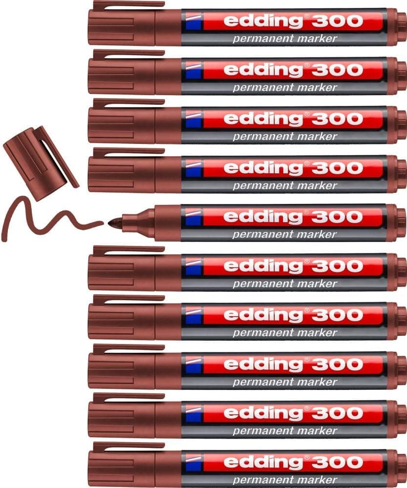 edding 300 Marcador permanente - castanho, 10 canetas de feltro - ponta redonda de 1,5-3 mm, impermeável, de secagem rápida, marcadores indeléveis, para cartão, plástico, vidro, madeira, metal